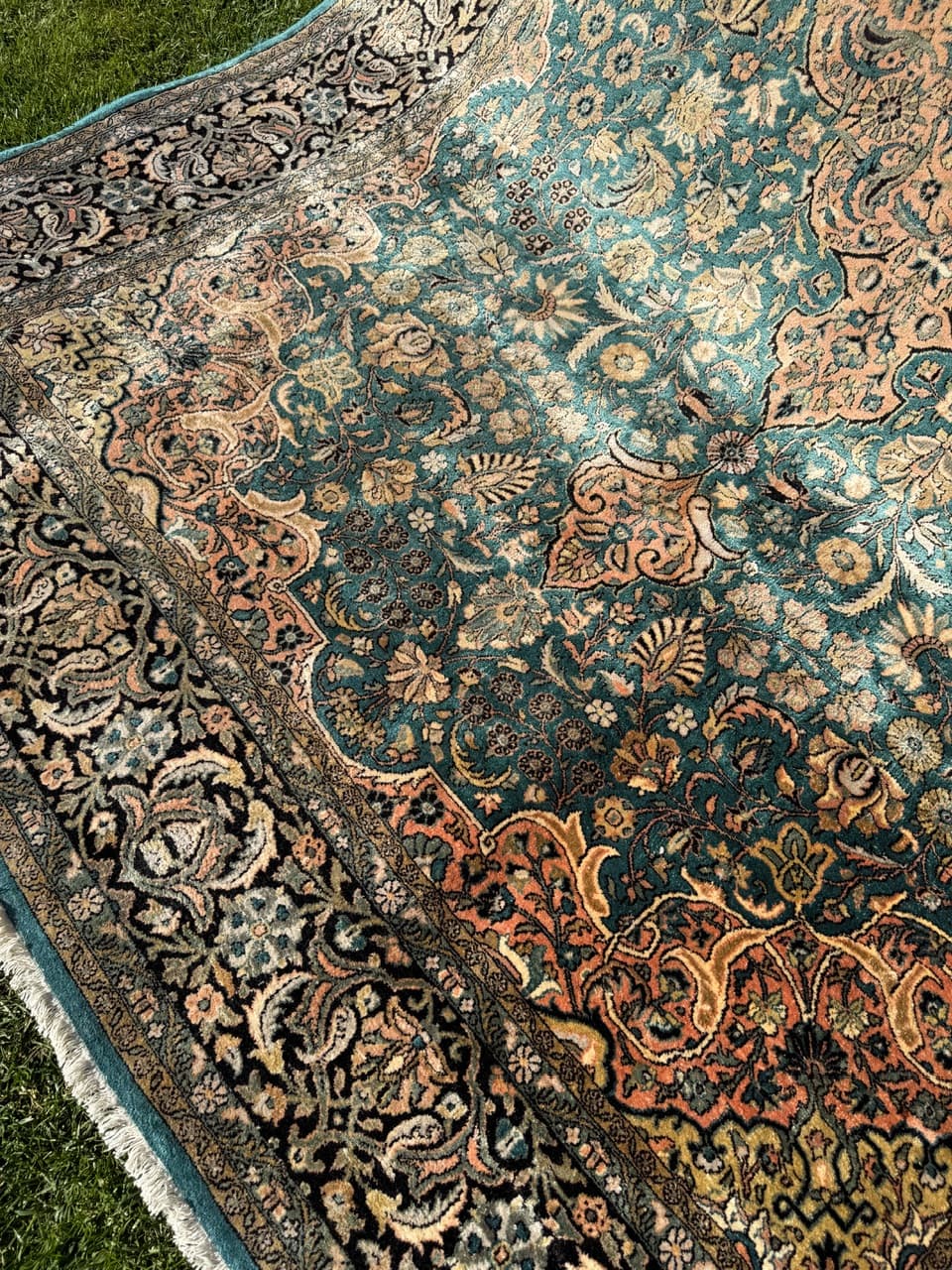 Dywan Ghoum, turkus, jedwab, Indie, lata 90. - 159345