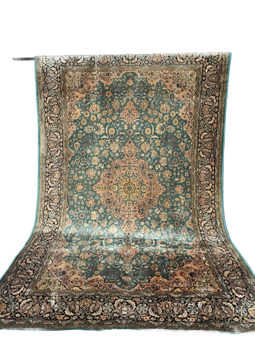 Rug Ghoum, turquoise silk, India, 1990s.