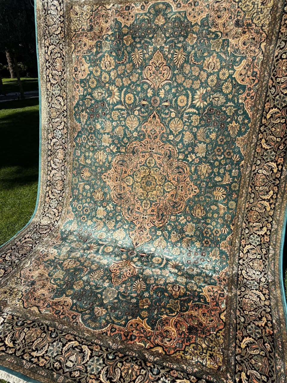 Dywan Ghoum, turkus, jedwab, Indie, lata 90. - 159348