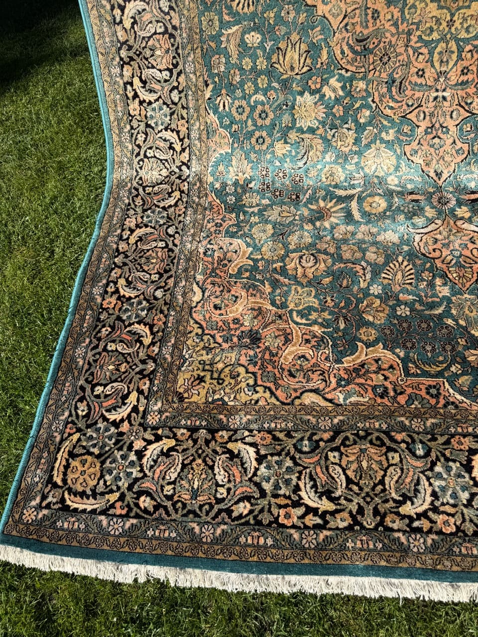 Dywan Ghoum, turkus, jedwab, Indie, lata 90. - 159349