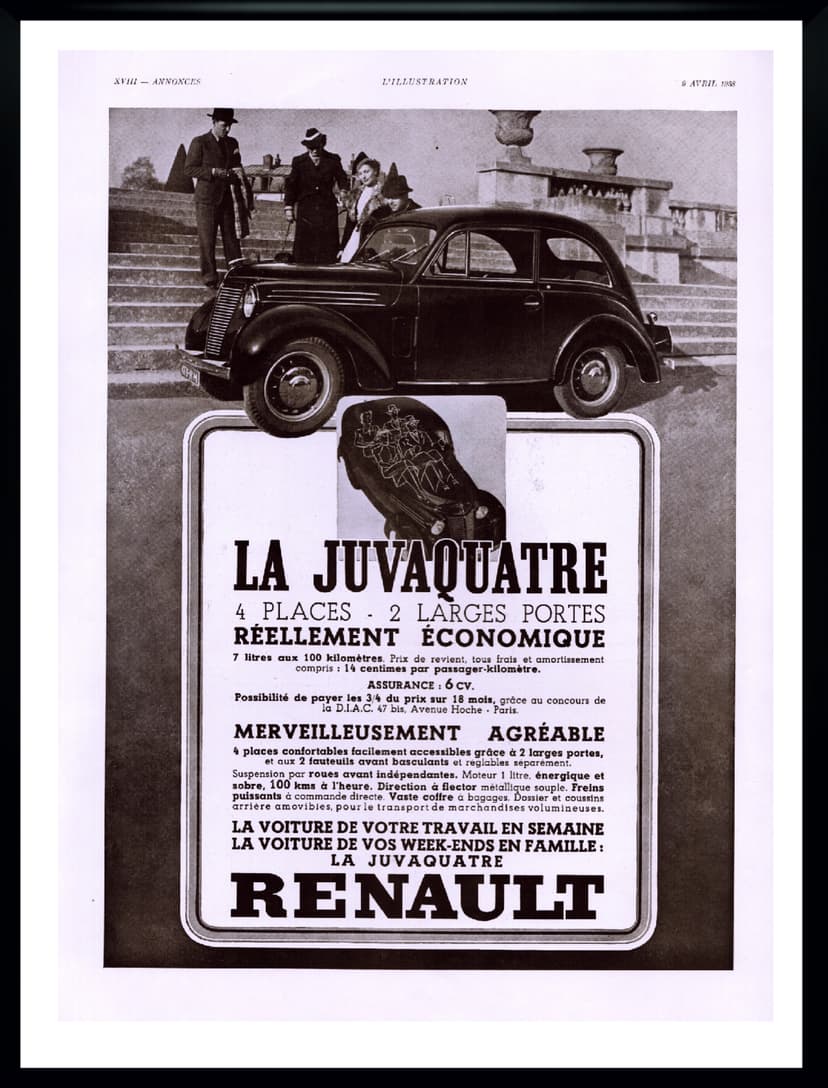 Plakat reklamowy Renault Juvaquatre, art déco, czarny, papier, Francja, lata 30.