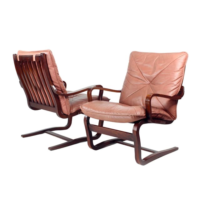 Armchair, modernist, pink natural leather, walnut, J.M. Birking & Co., Denmark, 1970s. - DIMENSION