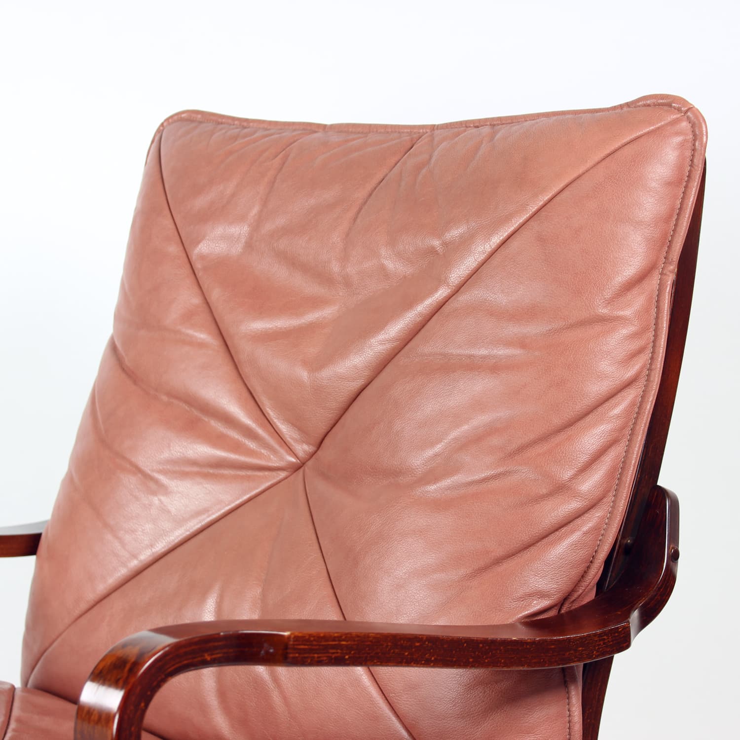 Armchair, modernist, pink natural leather, walnut, J.M. Birking & Co., Denmark, 1970s. - 159453
