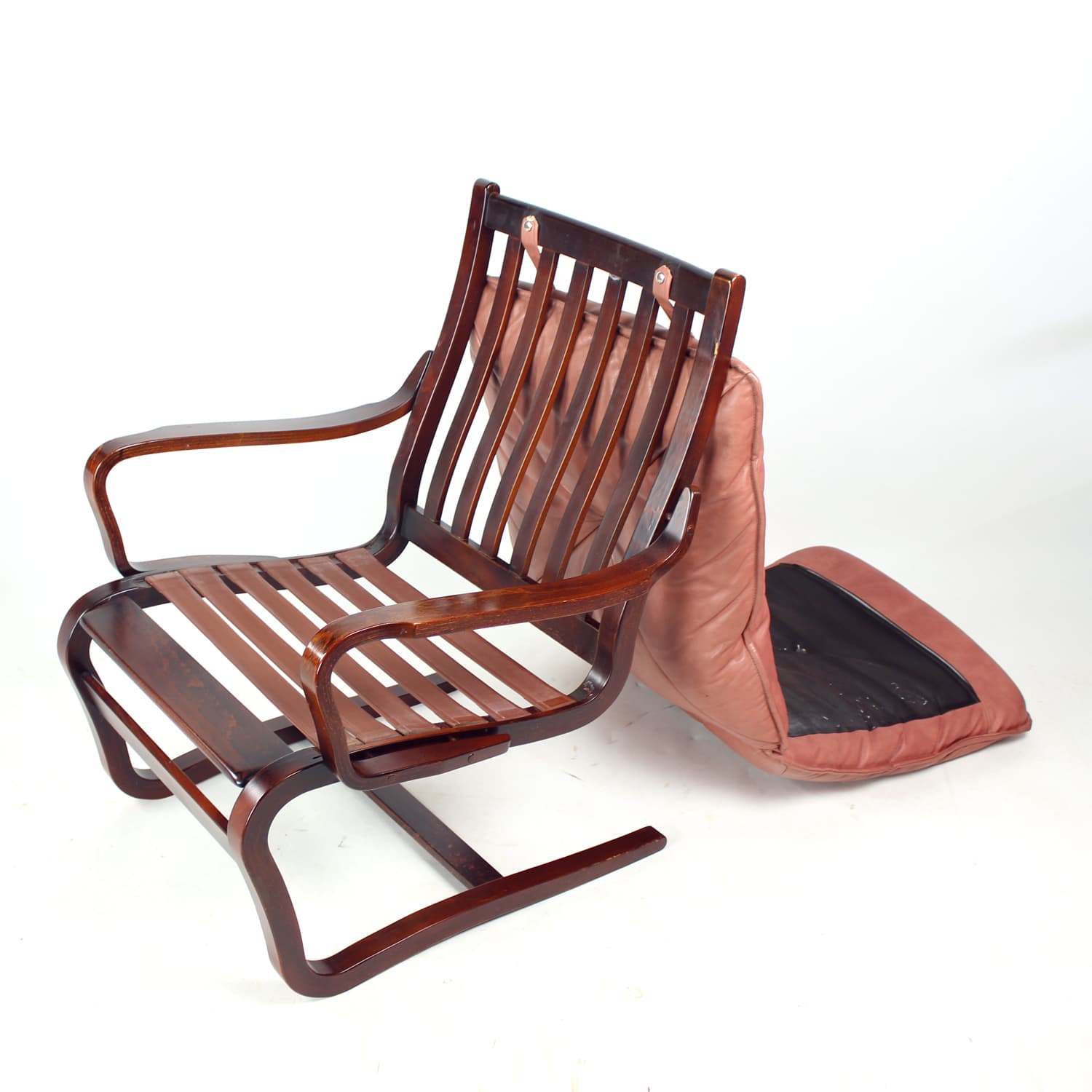 Armchair, modernist, pink natural leather, walnut, J.M. Birking & Co., Denmark, 1970s. - 159455