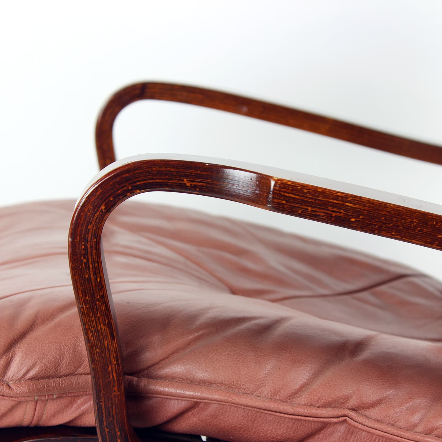 Armchair, modernist, pink natural leather, walnut, J.M. Birking & Co., Denmark, 1970s. - 159448