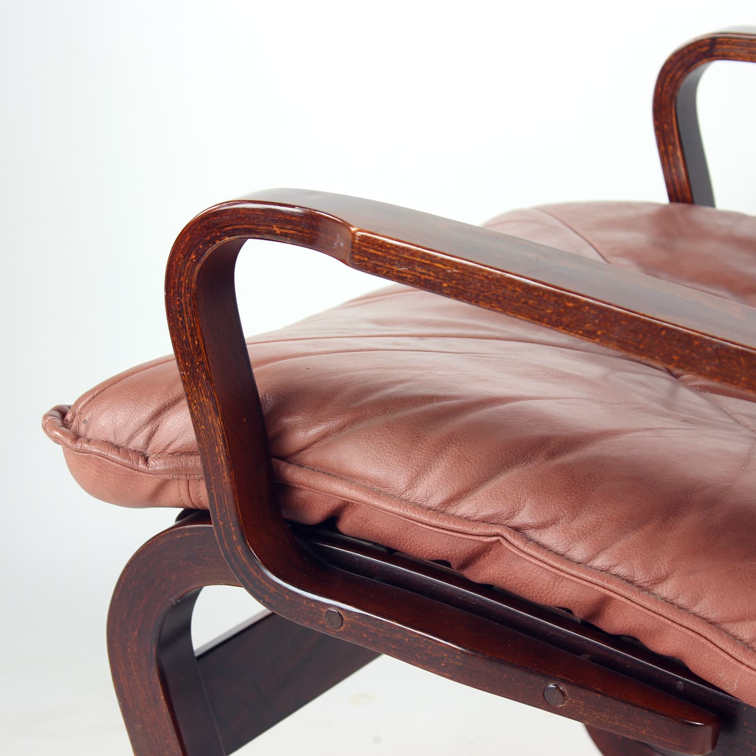 Armchair, modernist, pink natural leather, walnut, J.M. Birking & Co., Denmark, 1970s. - 159446