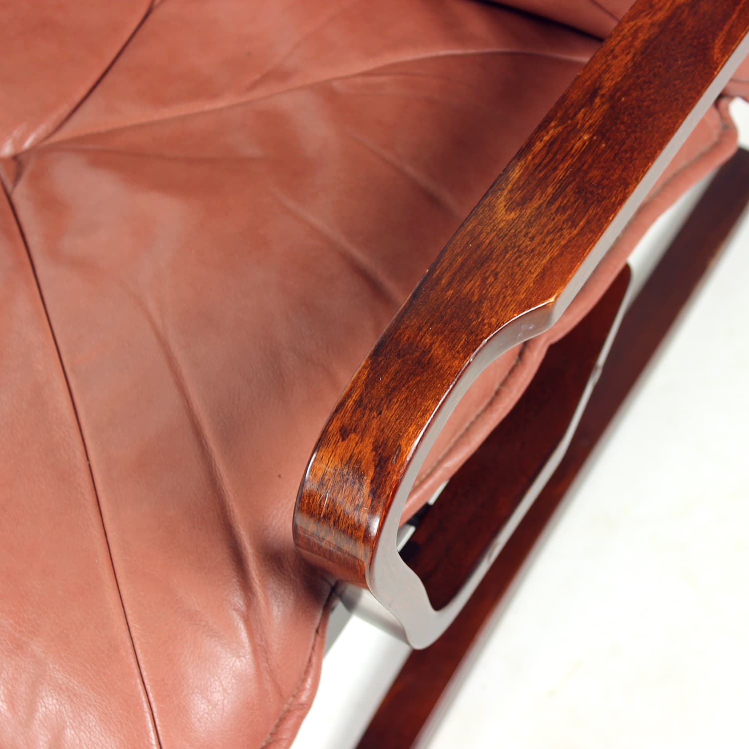 Armchair, modernist, pink natural leather, walnut, J.M. Birking & Co., Denmark, 1970s. - 159451