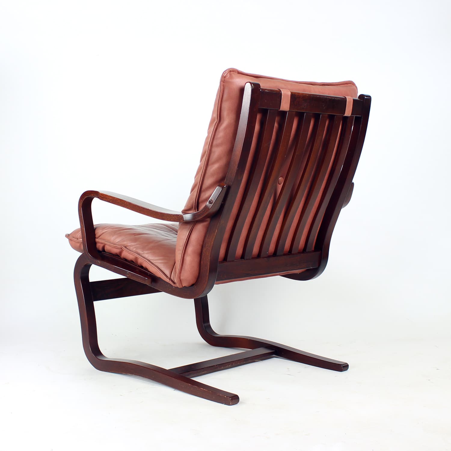 Armchair, modernist, pink natural leather, walnut, J.M. Birking & Co., Denmark, 1970s. - 159445