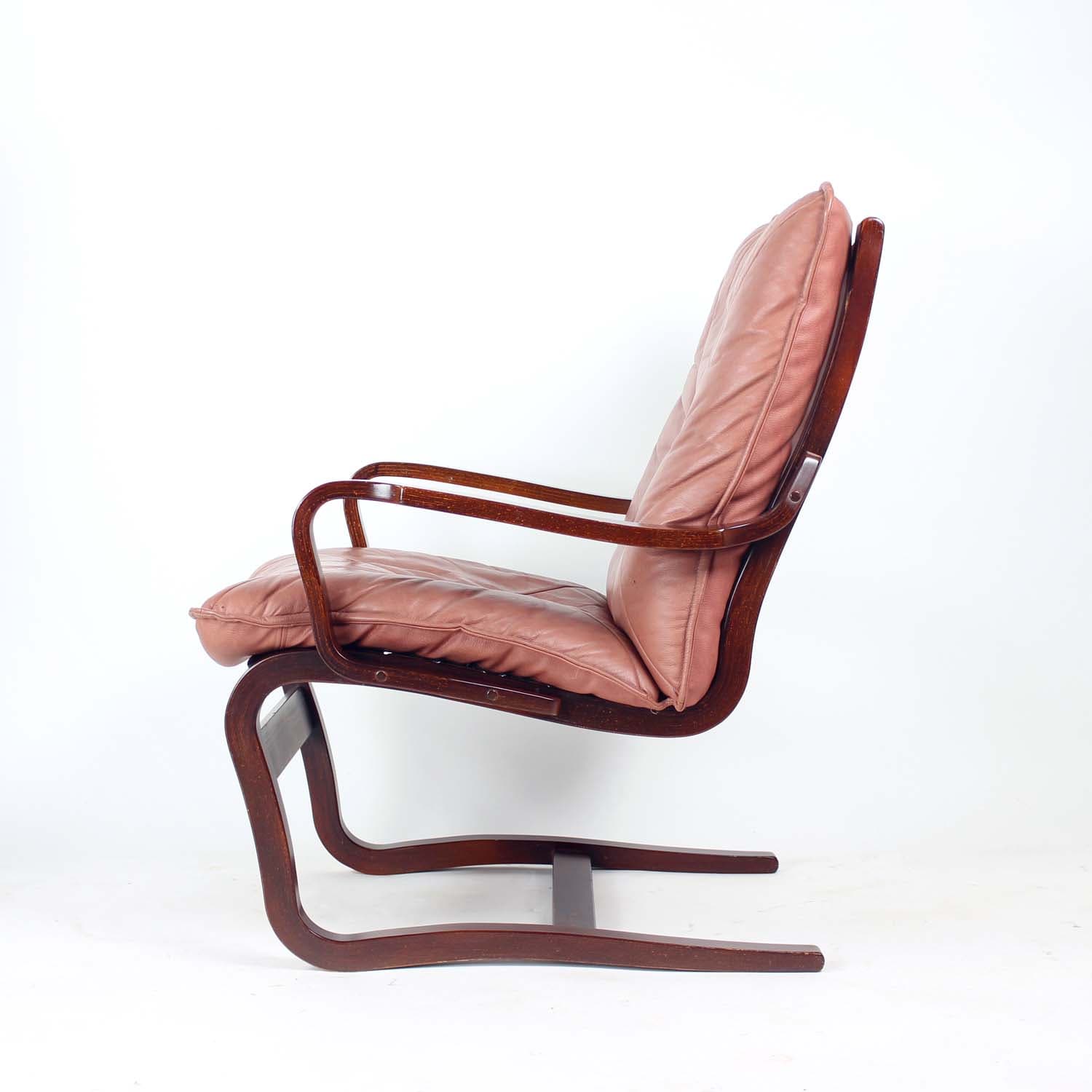 Armchair, modernist, pink natural leather, walnut, J.M. Birking & Co., Denmark, 1970s. - 159444