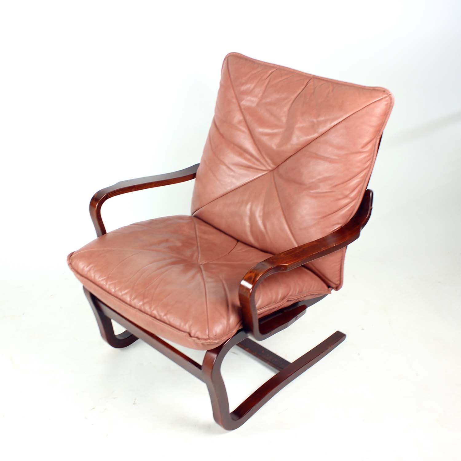 Armchair, modernist, pink natural leather, walnut, J.M. Birking & Co., Denmark, 1970s. - 159450