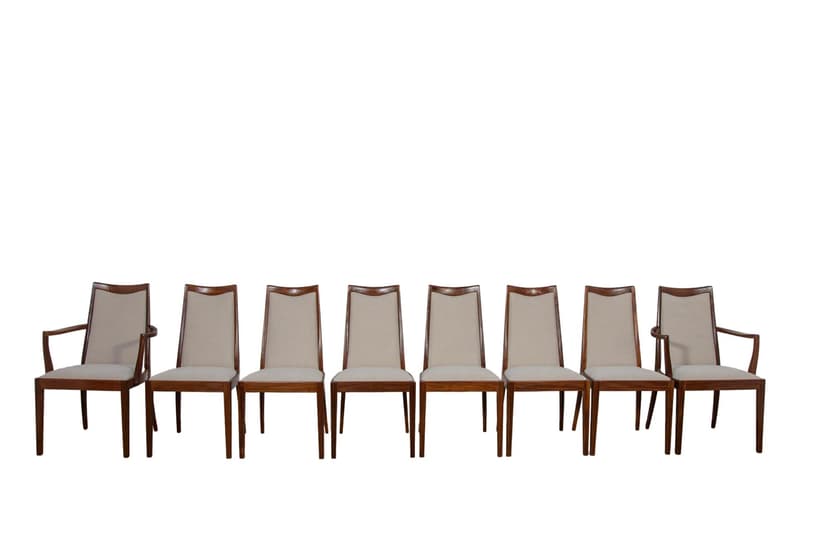 Komplet sześciu krzeseł i dwóch foteli, teak, kremowy, proj. L. Dandy, G-Plan, Wielka Brytania, lata 60.