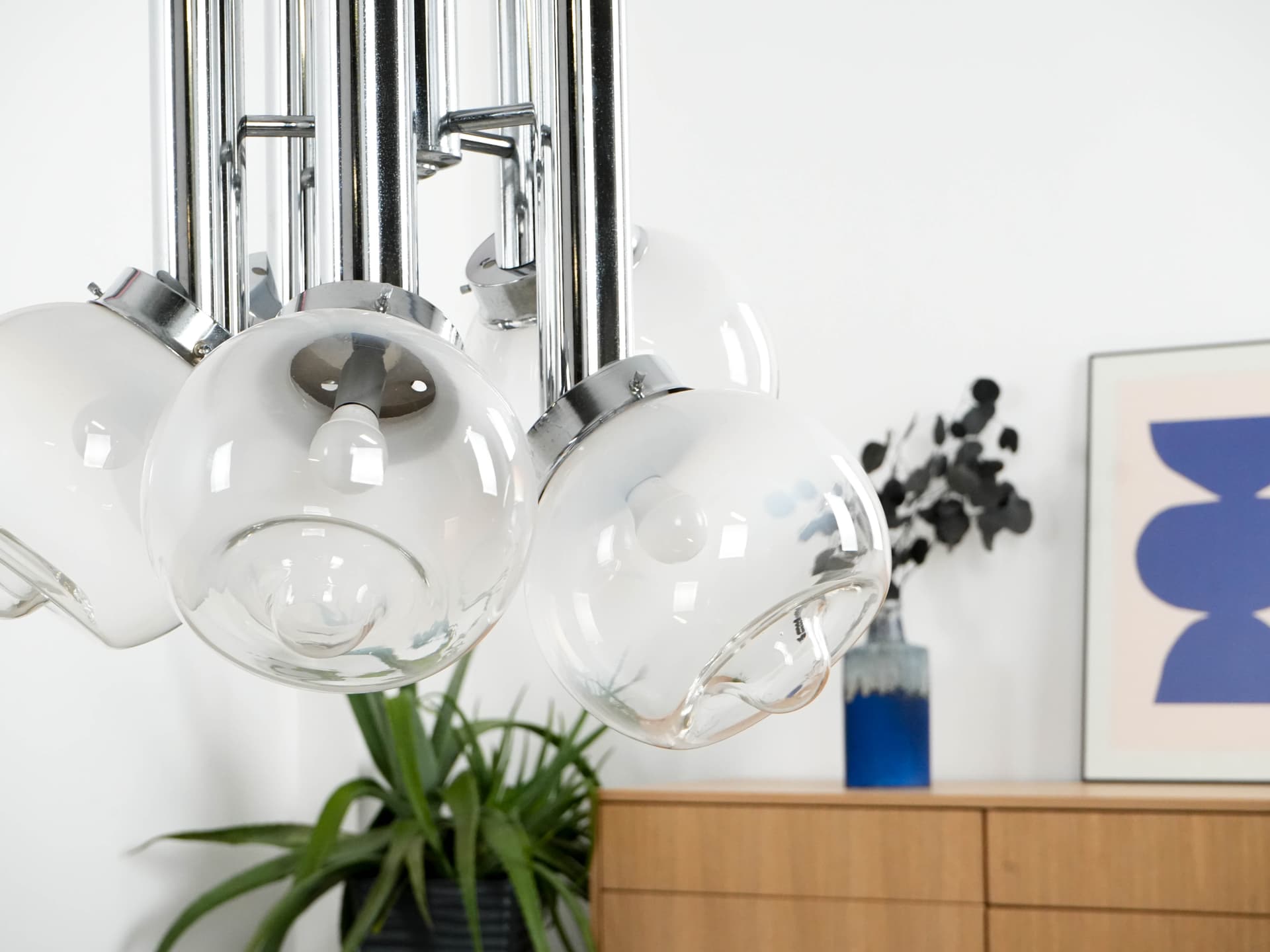 Żyrandol, chromowany metal, szkło dymione, Włochy, lata 70. - 159693