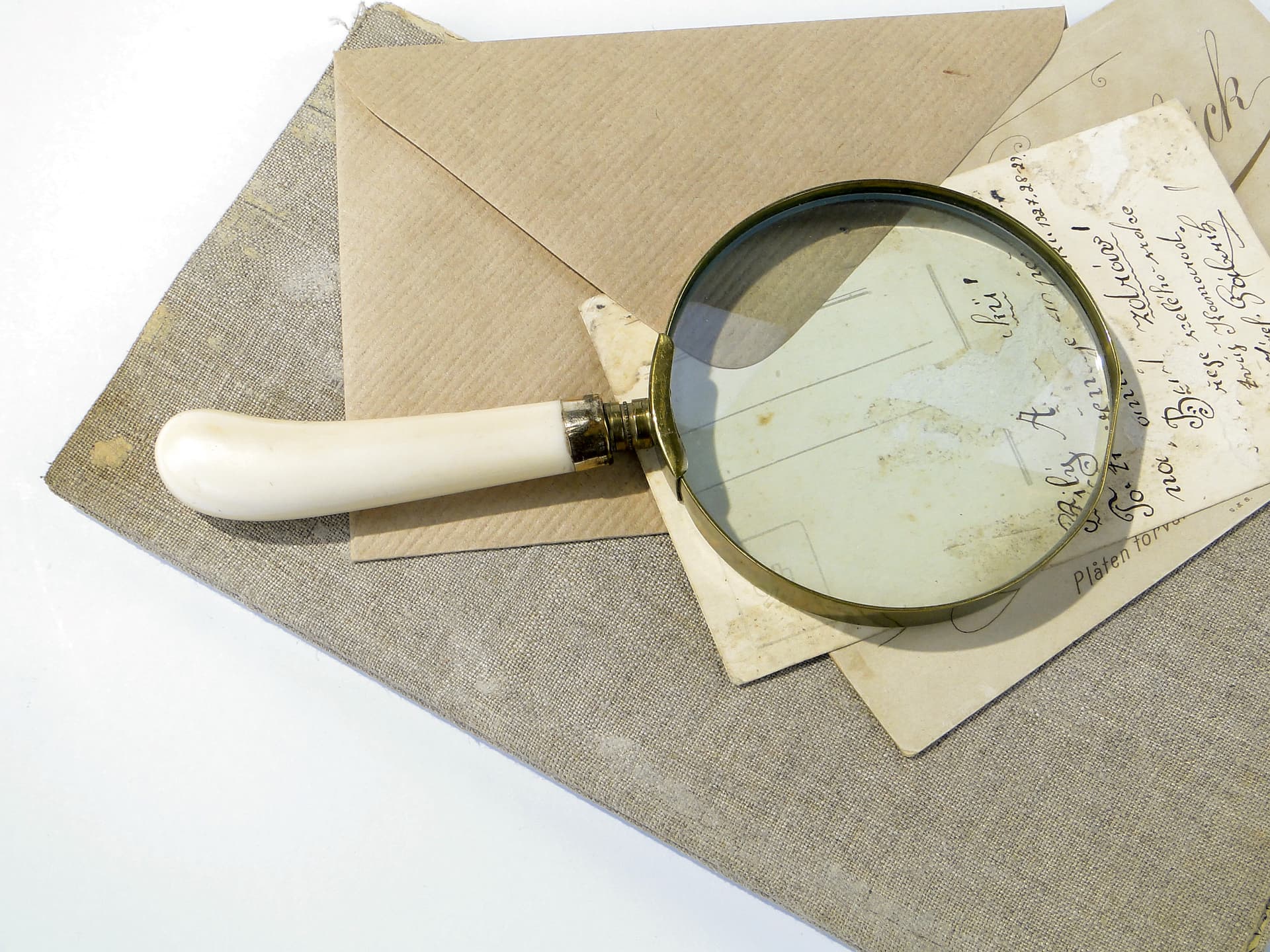 Desk Magnifier, Art Deco, golden brass, ivory-effect handle, 1950s - 159891
