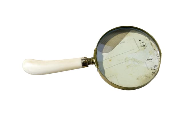 Desk Magnifier, Art Deco, golden brass, ivory-effect handle, 1950s - DIMENSION