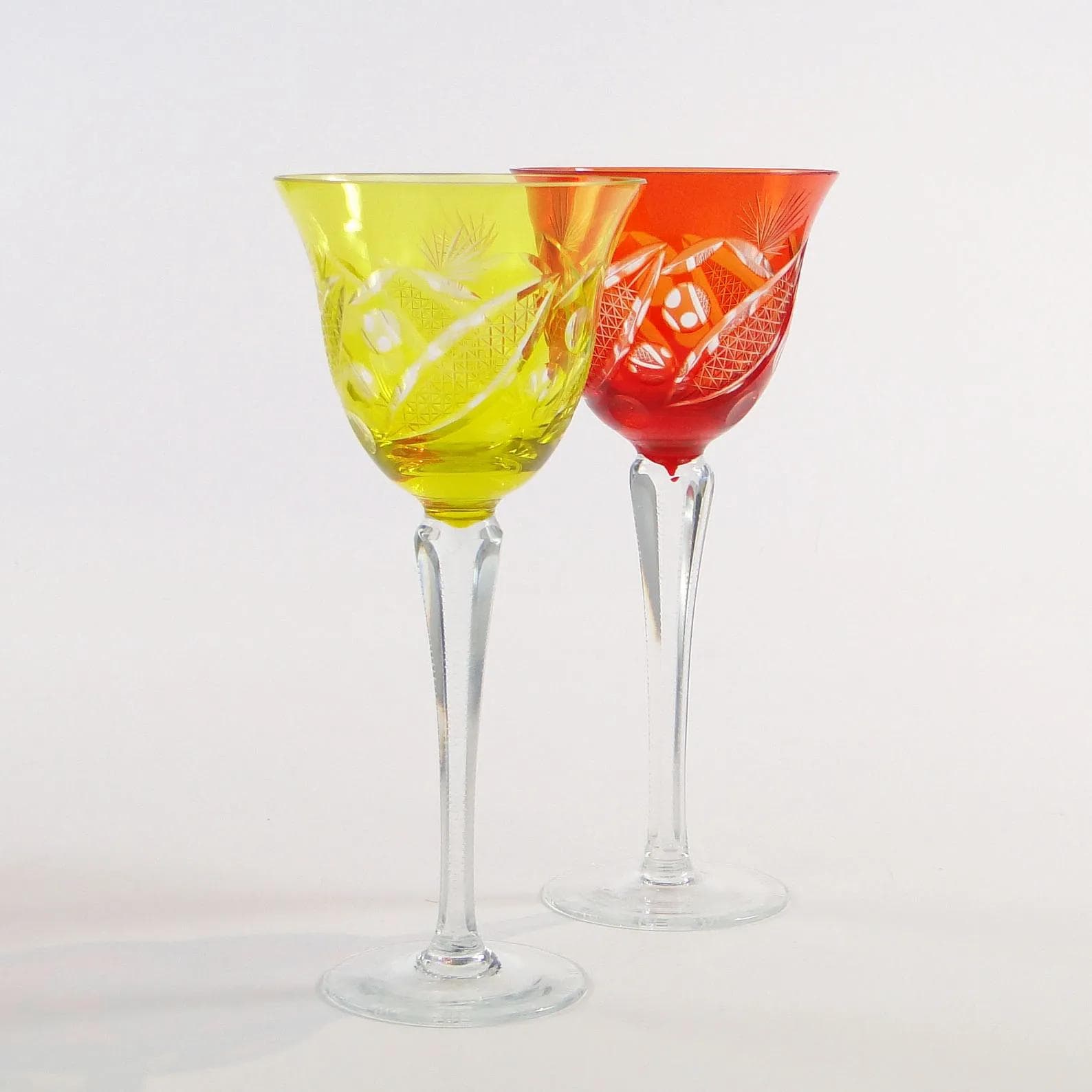 Para kielichów do wina, kryształ żółty i pomarańczowy, Huta Józefina, Polska, lata 30. - 10252