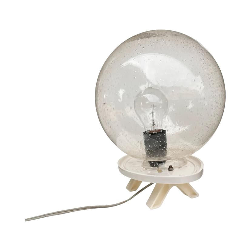 Lampa stołowa Space Age, szkło transparentne klosz bubble glass, plastik biały, Niemcy, lata 70.