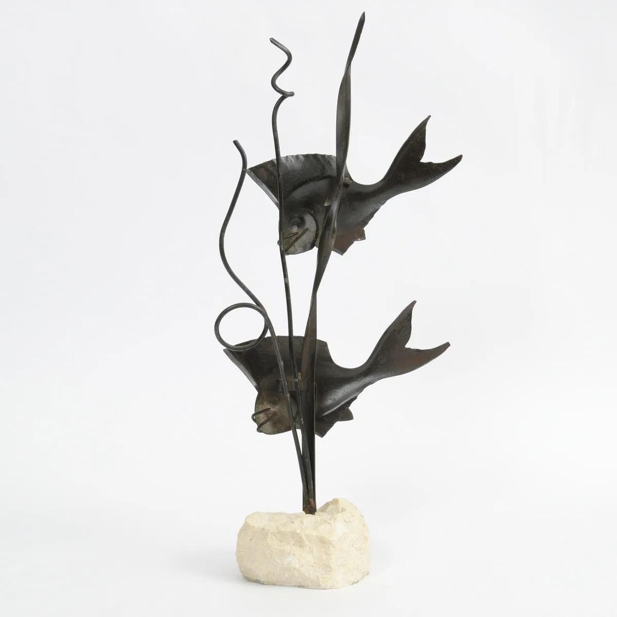 Sculpture Fish, dark brown iron, light stone, Western Europe, 1960s. - 160446