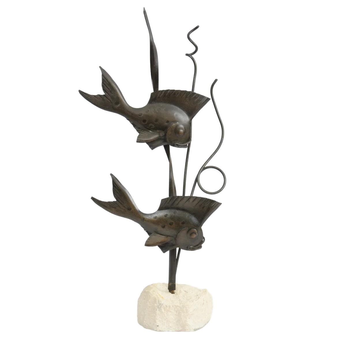 Sculpture Fish, dark brown iron, light stone, Western Europe, 1960s.