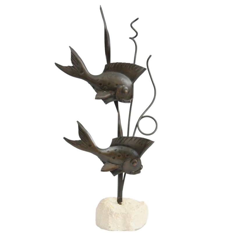 Sculpture Fish, dark brown iron, light stone, Western Europe, 1960s.