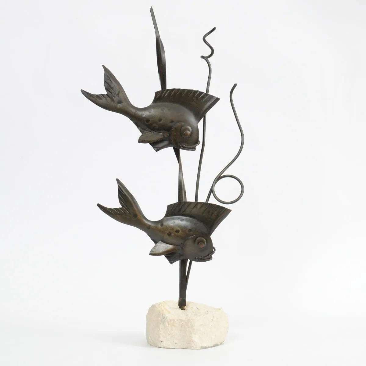Sculpture Fish, dark brown iron, light stone, Western Europe, 1960s. - 160447