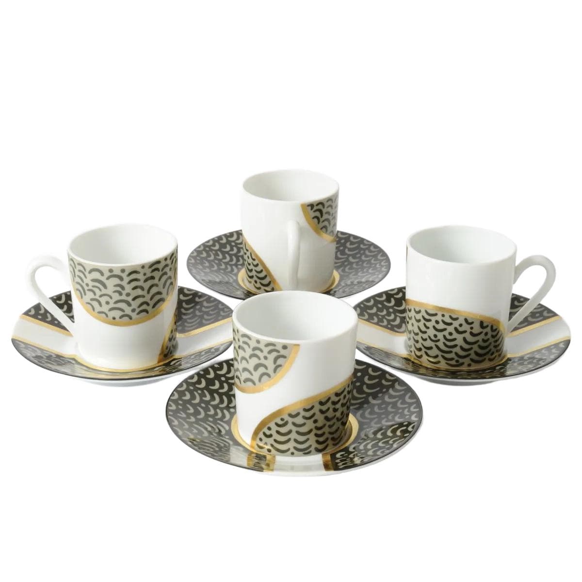 Set of four coffee cups, multicolor porcelain, by D. Roman, Limoges, France, 1980s.