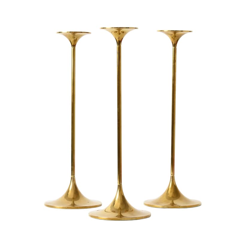 Komplet świeczników Hi-Fi, mosiądz złoty, proj. M. Bruel, Torben Orskov, Dania, lata 70.