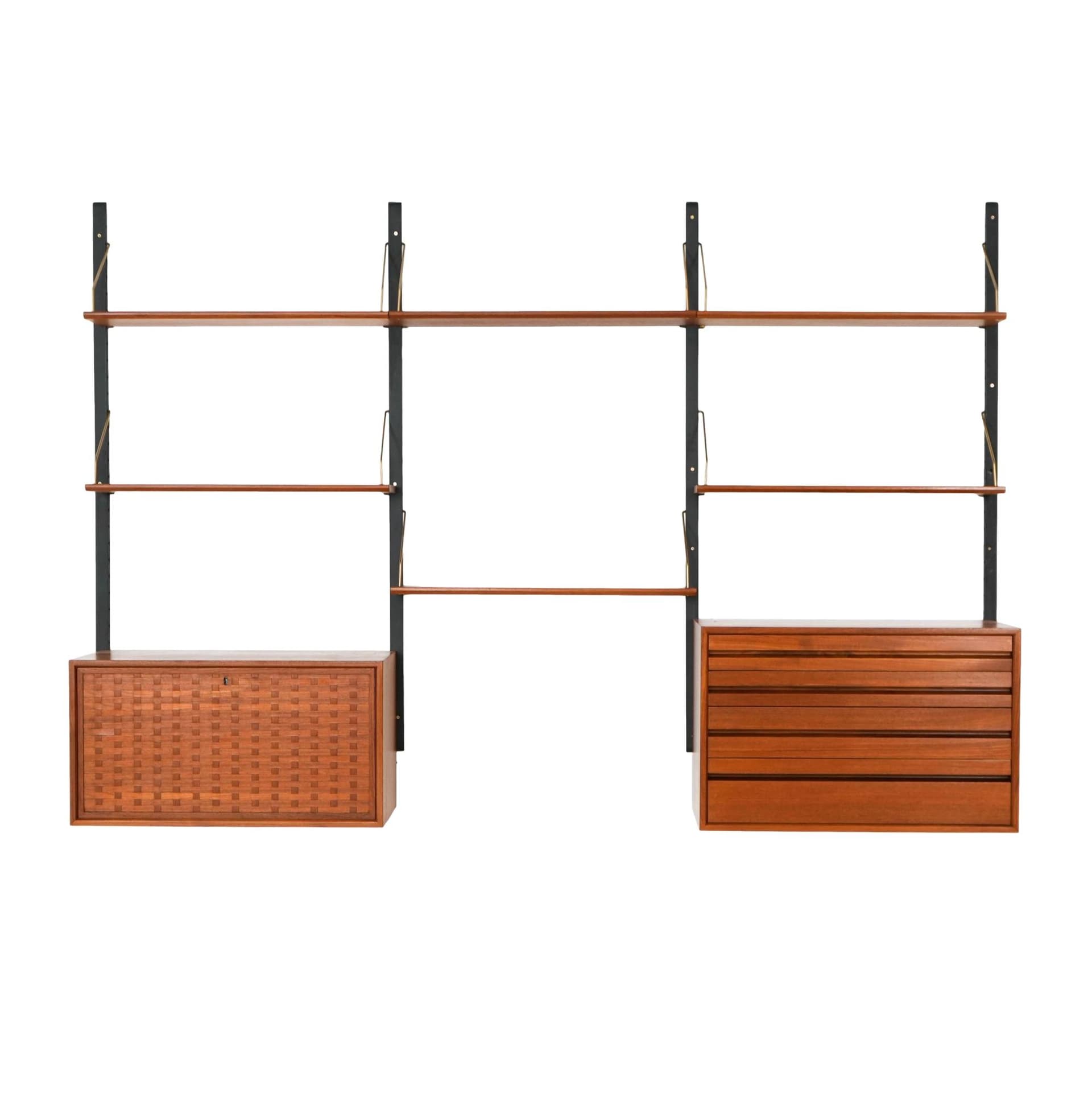 Shelving system, light brown teak, by P. Cadovius, Denmark, 1960s.