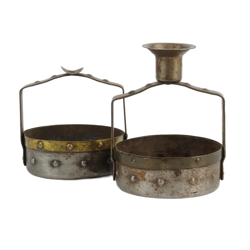 Świecznik i popielnica, stal szara, mosiądz złoty, proj. H. Berger, Goberg, Niemcy, początek XX w.