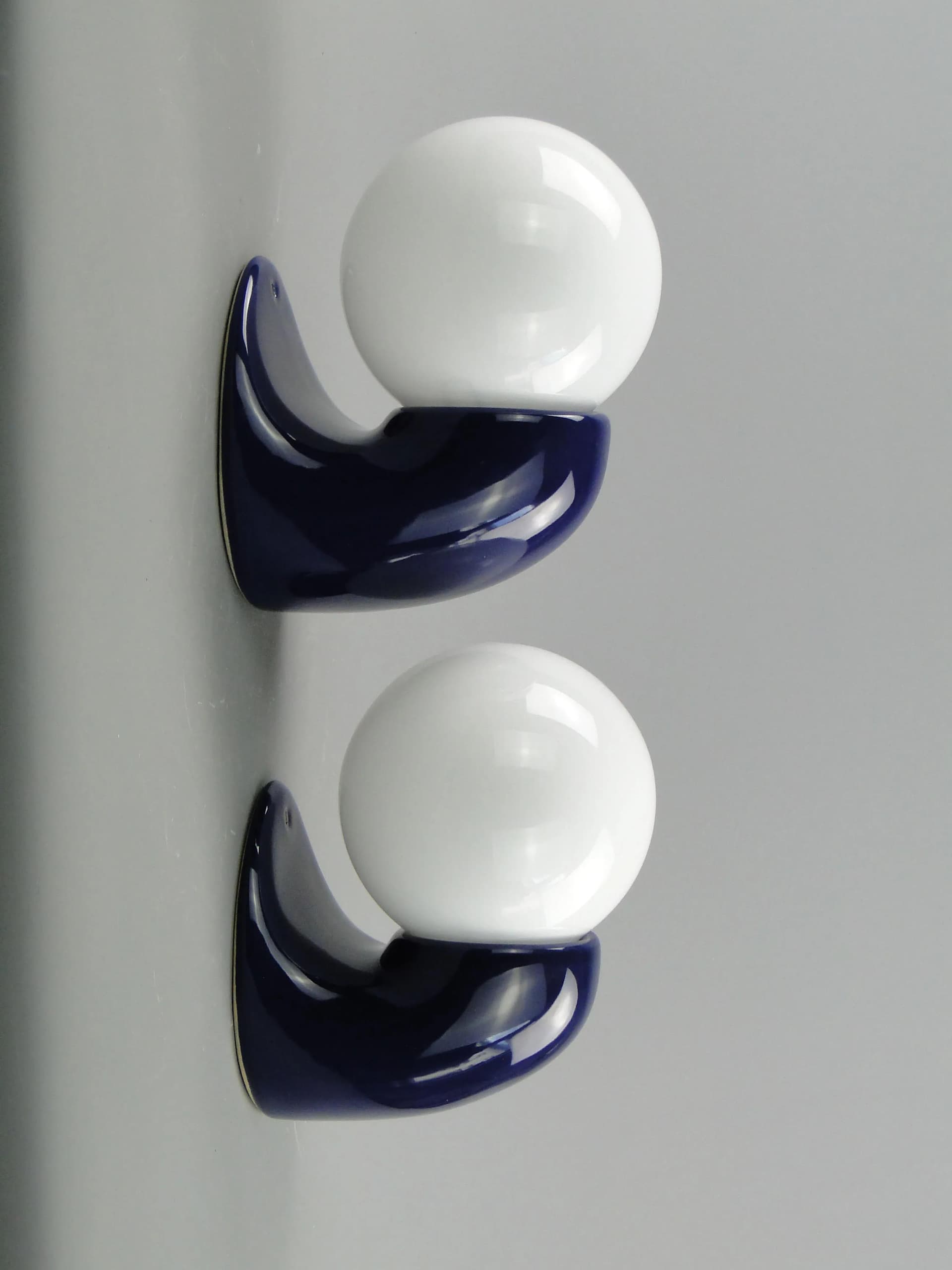 Pair of wall sconces, Space Age, navy blue, glazed ceramics glass, Poland, 1970s. - 163879
