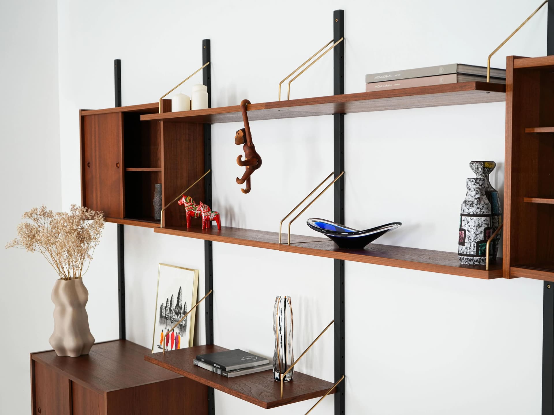 Regał systemowy, tek brązowy, stal czarna, Dania, lata 60. - 164268