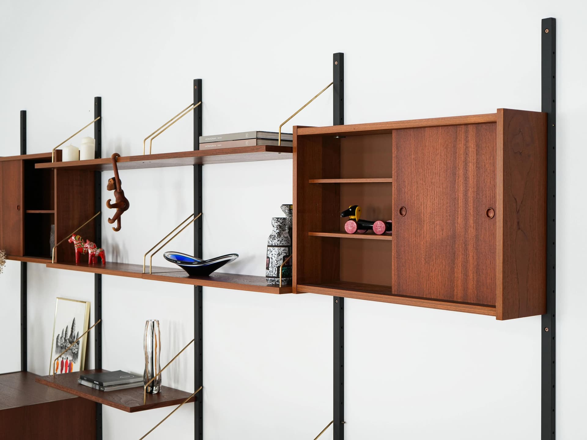 Regał systemowy, tek brązowy, stal czarna, Dania, lata 60. - 164266