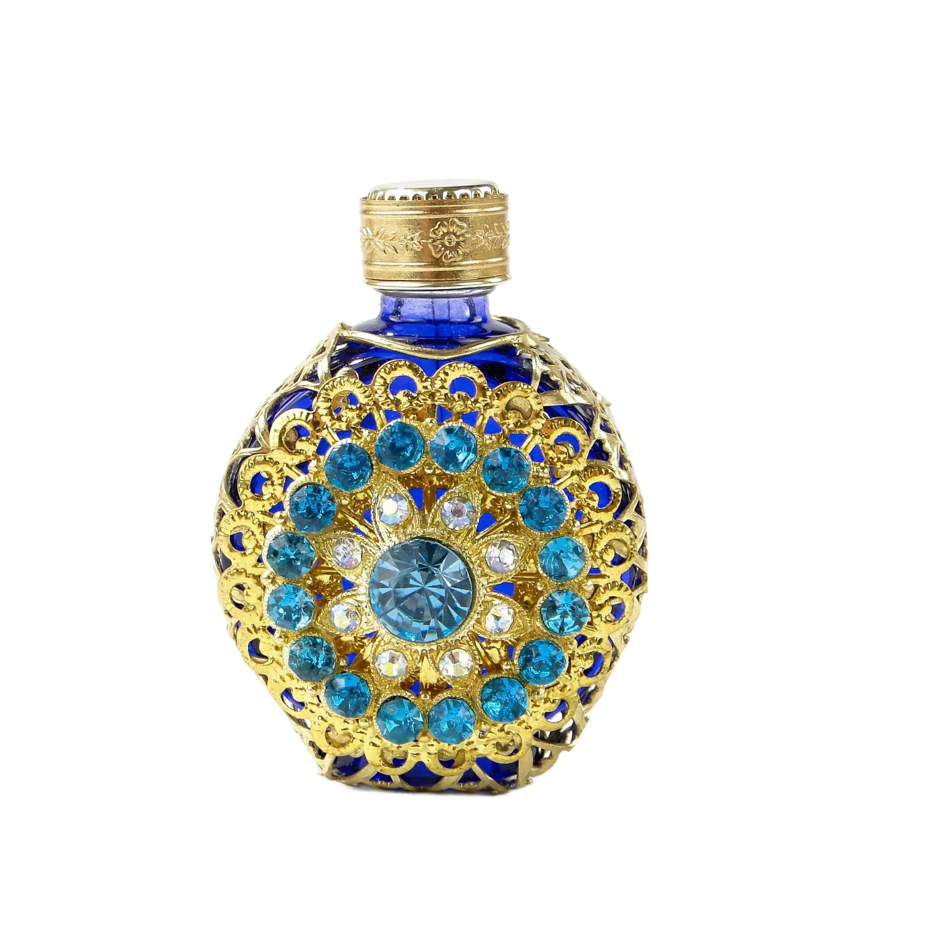 Flakon na perfumy, secesja, szkło kobaltowe, złocona koronka, wielobarwne kamienie, Czechosłowacja, lata 50.