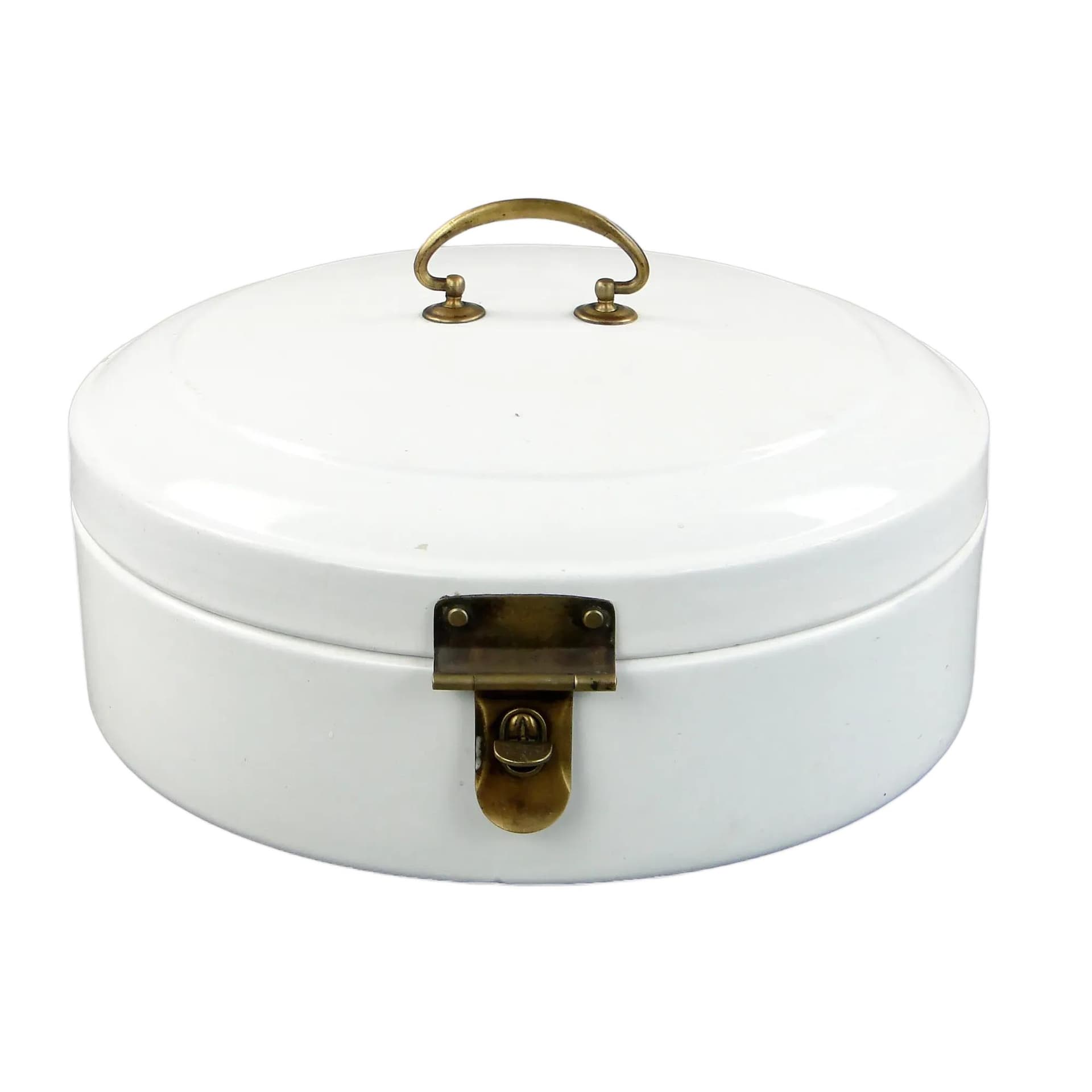 Cylindrical bread box, white enameled metal, Poland, 1930s.
