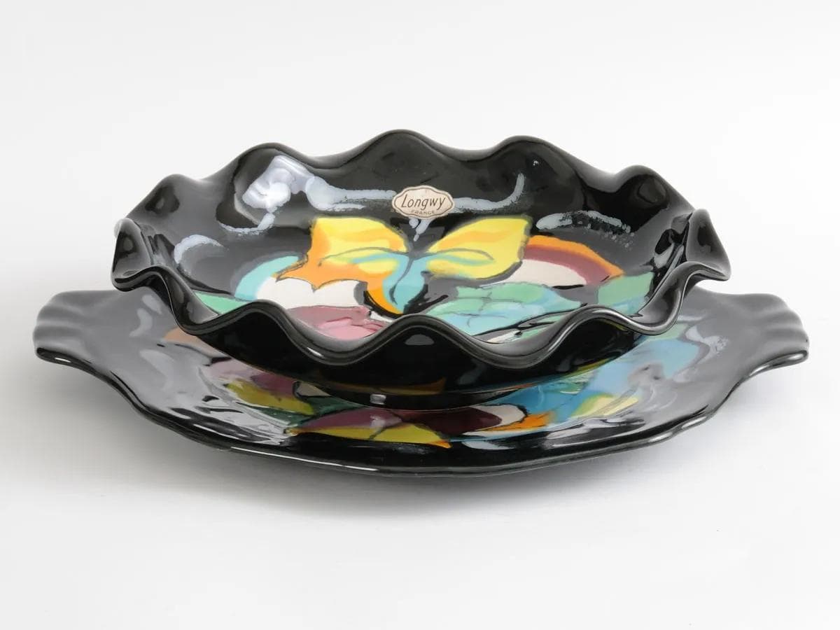 Pair of platters, multicolor ceramic, Longwy, France, 1960s. - 161840
