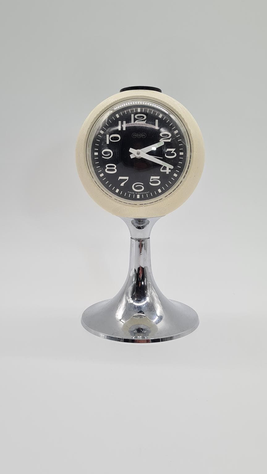 Alarm Clock Space Age, ivory white, chrome steel, plastic, Germany, 1970s. - 161300