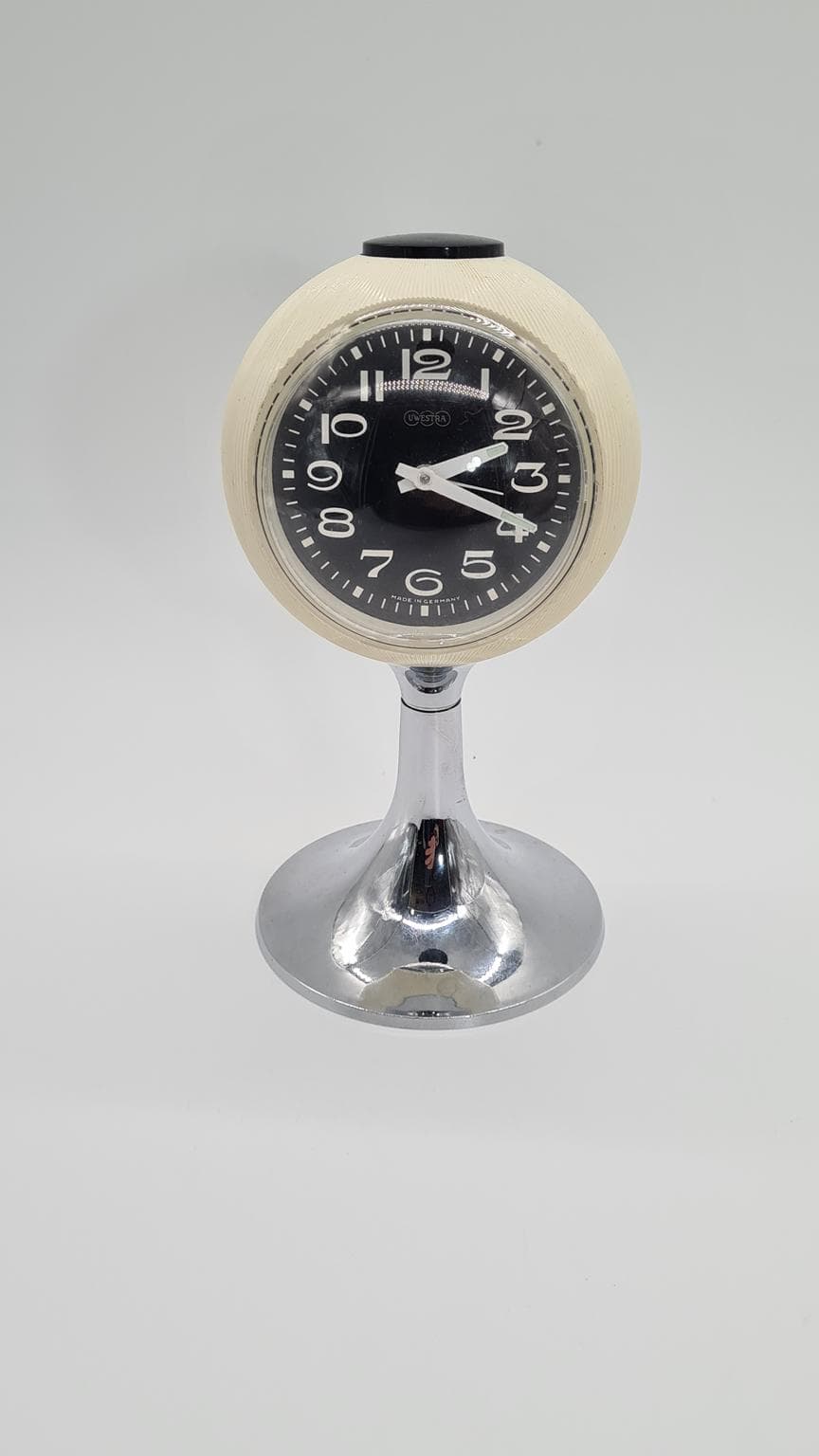 Alarm Clock Space Age, ivory white, chrome steel, plastic, Germany, 1970s. - 161301