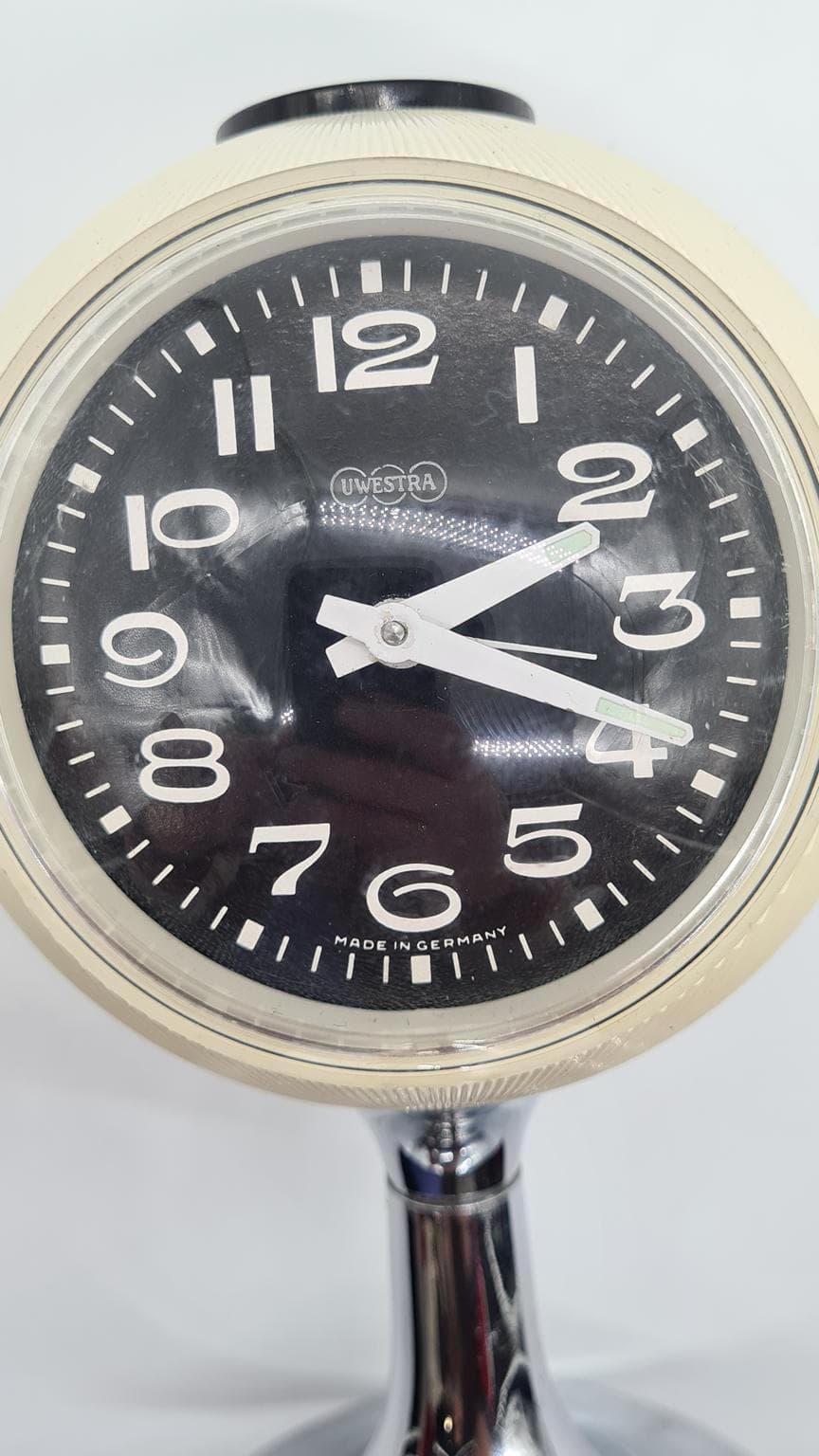 Alarm Clock Space Age, ivory white, chrome steel, plastic, Germany, 1970s. - 161308