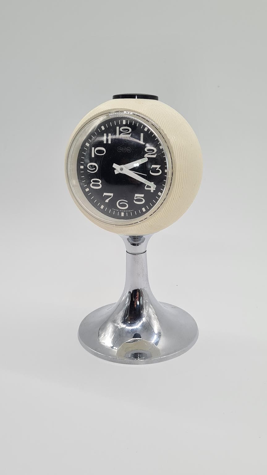 Alarm Clock Space Age, ivory white, chrome steel, plastic, Germany, 1970s. - 161299