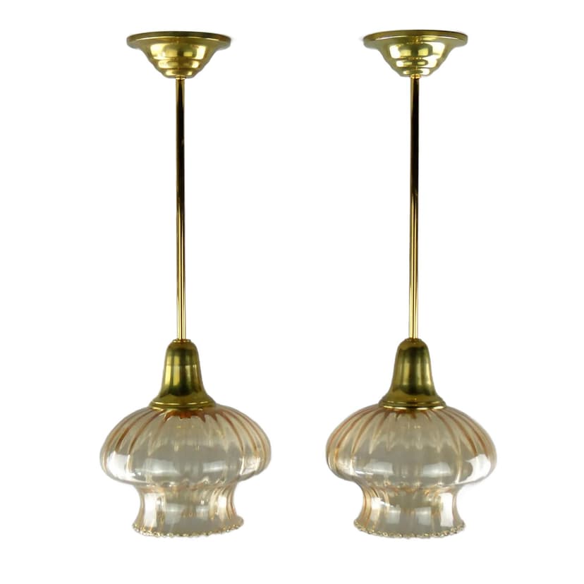 Pair of ceiling lamps, golden glass, Poland, 1960s