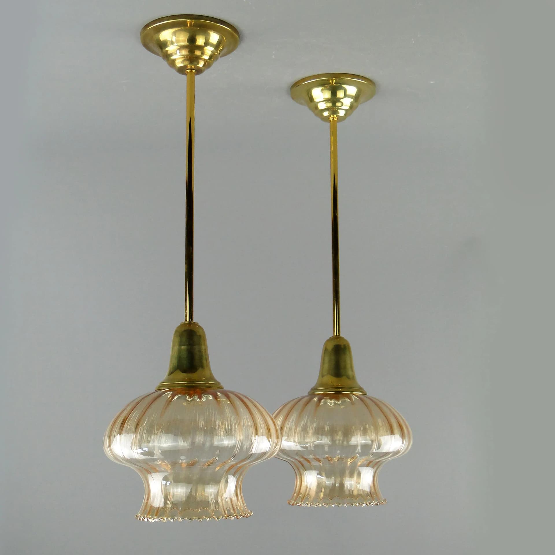 Pair of ceiling lamps, golden glass, Poland, 1960s - 163661