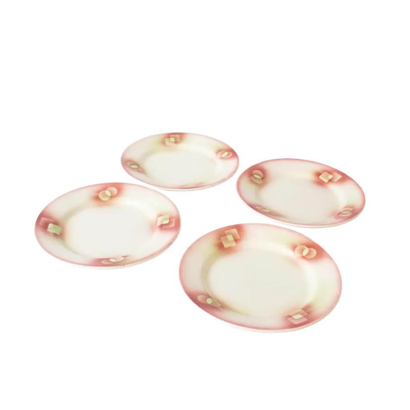 Komplet czterech talerzy art déco, multikolor, fajans, Chodzież Stanisław Mańczak, Polska, lata 30.