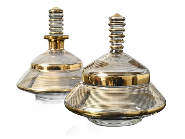 Zestaw toaletowy art déco, szkło transparentne, Rupel Boom, Belgia, lata 30. - WYMIARY