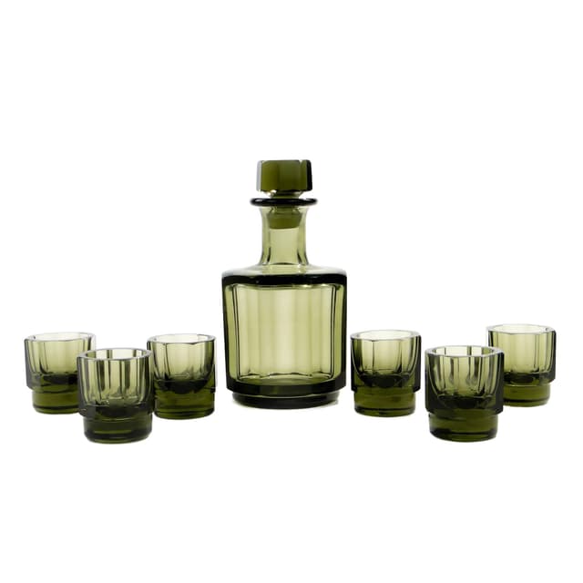 Liqueur set Art Deco, olive, crystal, Moser, Czech Republic, 1930s - DIMENSION