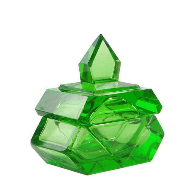 Bomboniera art déco, szmaragd szkło kryształowe, Moser, Czechosłowacja, lata 30. - WYMIARY