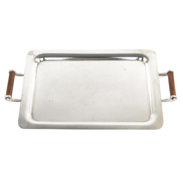 Taca Art déco, mosiądz srebrzony, uchwyty heban, Norblin, Polska, lata 20. - WYMIARY