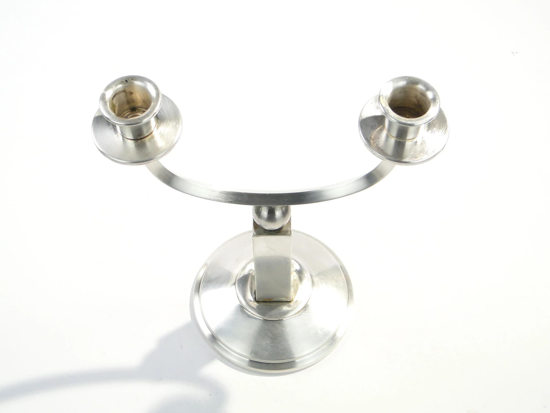 Świecznik dwuramienny Art déco, srebrny, mosiądz platerowany srebrem, Sandrik, Czechosłowacja, początek XX w. - 163232