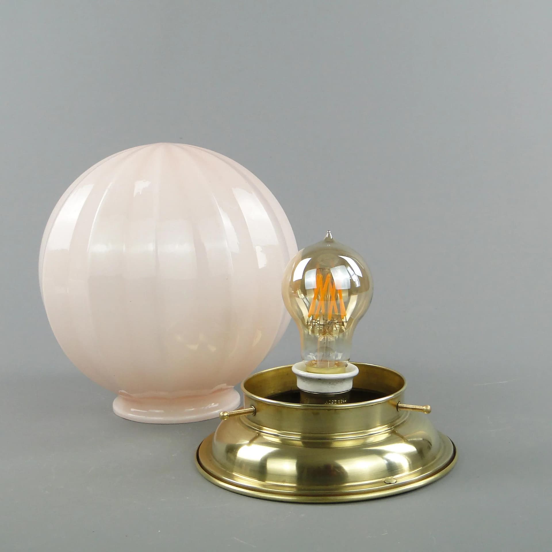 Eclectic ceiling light, pink glass, brass, Poland, 1940s. - 163209