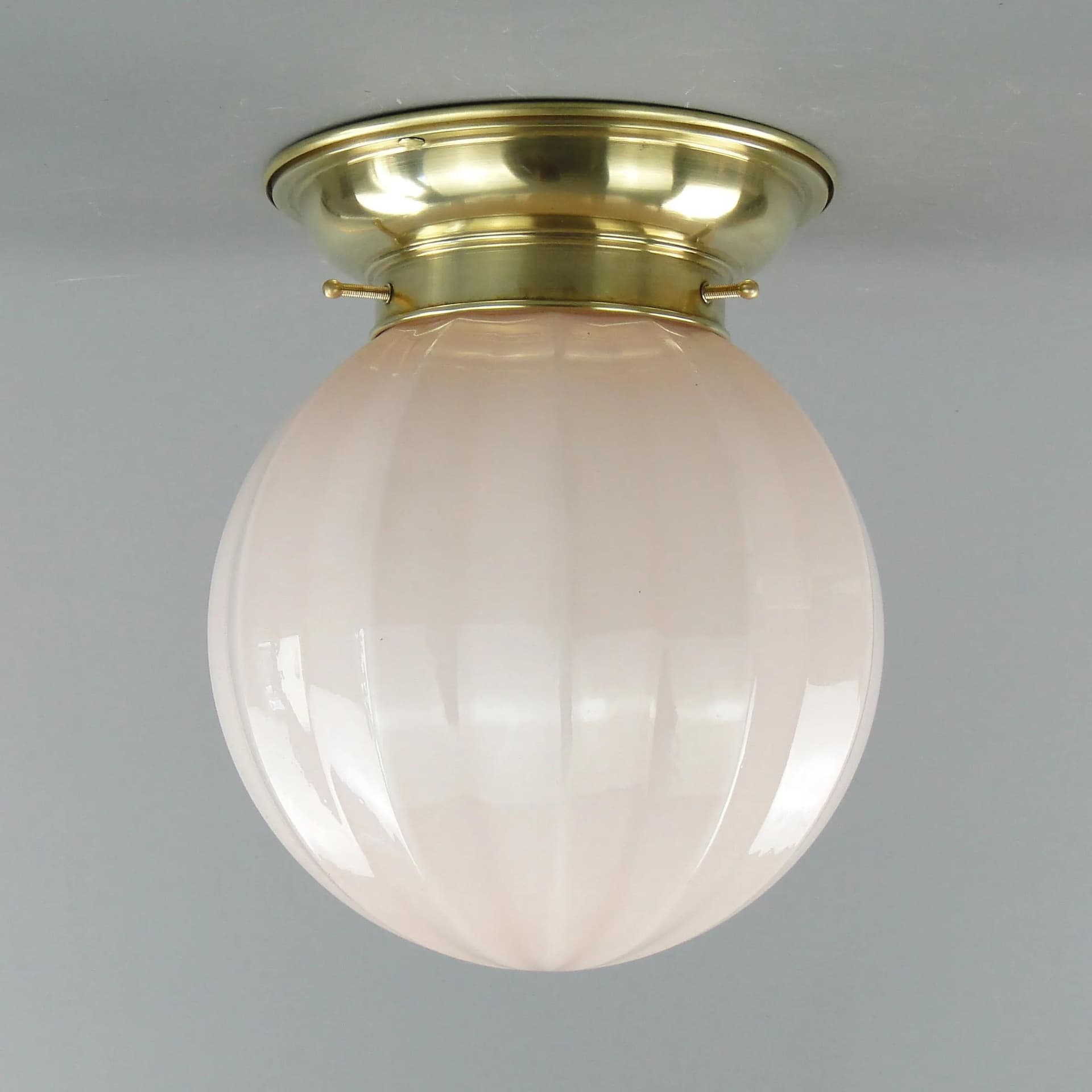 Eclectic ceiling light, pink glass, brass, Poland, 1940s. - 163211
