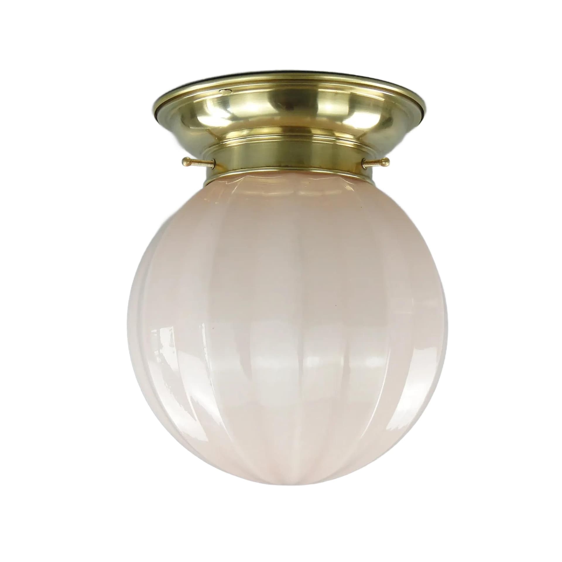 Eclectic ceiling light, pink glass, brass, Poland, 1940s.