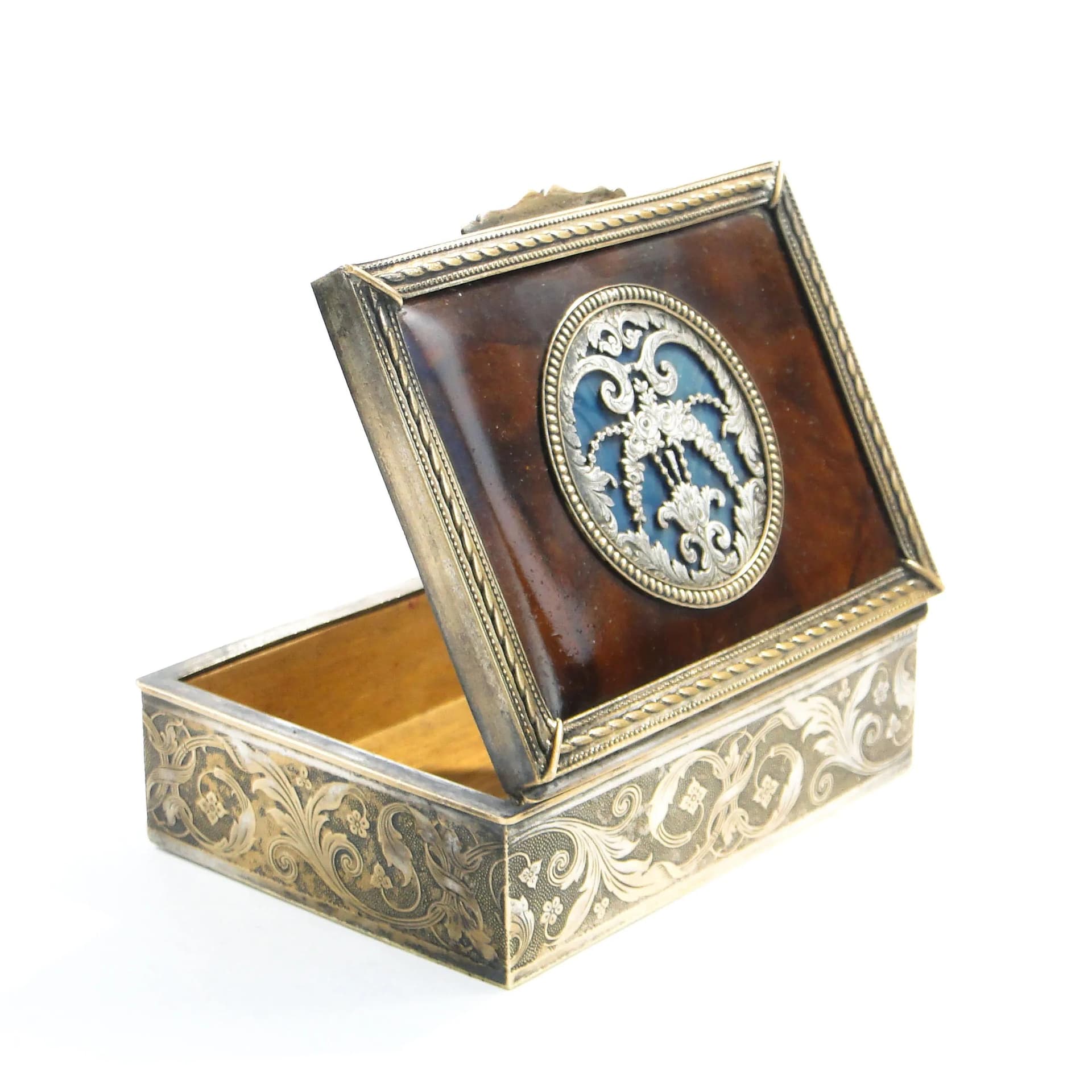 Pudełko na biżuterię neoklasycystyczne, brąz złoty, drewno mahoń, szylkret, Francja, XIX w. - 163162